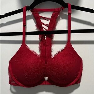 Victoria's Secret Red Lace Plunge Bra with Strappy Back Detail